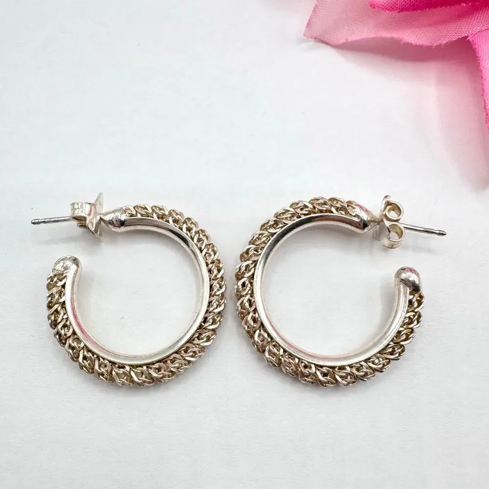 Italian 925 Sterling Silver Chain Hoop Earrings 1 1/8” Acid Tested Signed 6.86 g